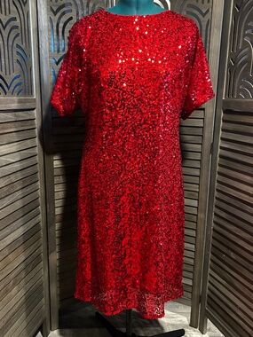 Reba Red Sequin Shift Dress Size 16 Holiday Party Cocktail Evening